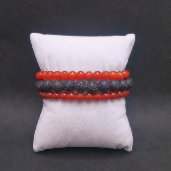 Artisan Carnelian Beaded Bracelet Trio Gemstone Stretch Lava Stones Diffuser NEW - Picture 1 of 13